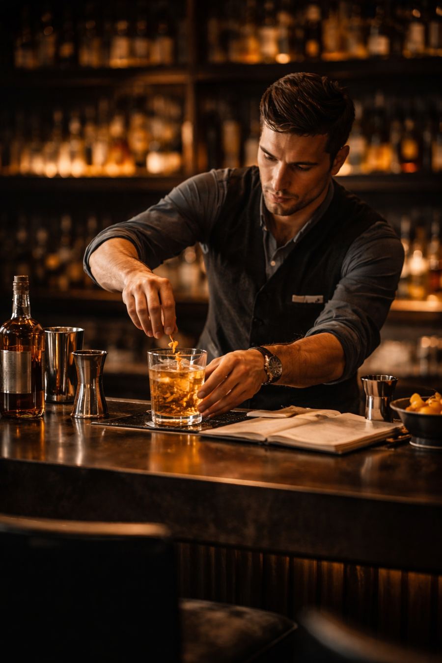 Bartender preparing a cocktail before service in a high-end bar